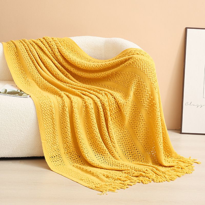 Yellow Elegant Openwork Knitted Throw Blanket with Tassels - 130x230cm Large Decorative Soft Sofa Blanket for Living Room & Bedroom - Breathable Cozy Cover for Travel & Office Nap