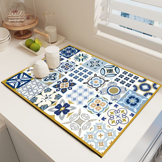 Diatom Mud Kitchen Counter Mat - Quick Dry Absorbent Non-Slip Draining Pad for Sink Benchtop 50cm x 80cm(Watching the ice flowers in winter)