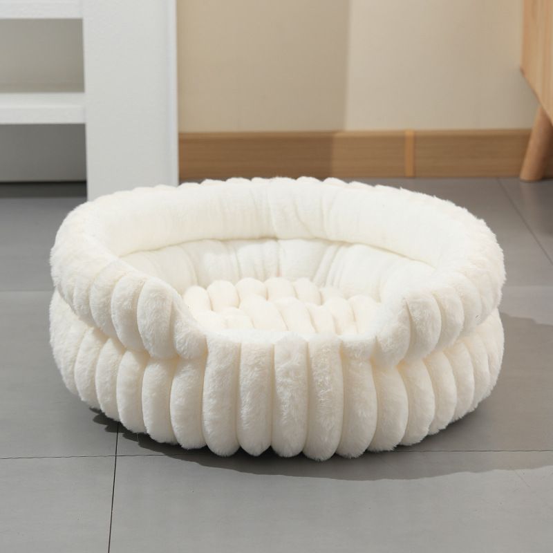 White Plush Round Pet Bed with Gap Entry & Removable Cushion S Size - Thickened Warm Anti Slip Cats and Dogs Donut Nest for All Seasons, Cozy and Soft Sleeping Bed for Home Use, M Size 50*50*15CM