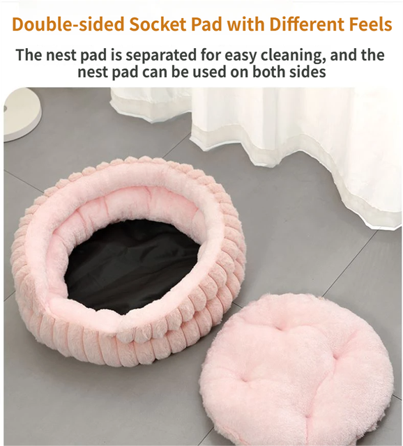 White Plush Round Pet Bed with Gap Entry & Removable Cushion S Size - Thickened Warm Anti Slip Cats and Dogs Donut Nest for All Seasons, Cozy and Soft Sleeping Bed for Home Use, M Size 50*50*15CM