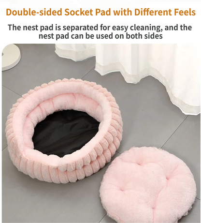 White Plush Round Pet Bed with Gap Entry & Removable Cushion S Size - Thickened Warm Anti Slip Cats and Dogs Donut Nest for All Seasons, Cozy and Soft Sleeping Bed for Home Use, M Size 50*50*15CM