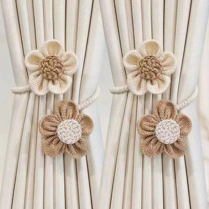 Beige-Brown Rustic Flower Curtain Tiebacks Set of 2, Handcrafted Fabric Daisy Curtain Holdbacks, No Drill Flexible Curtain Rope Buckles, Farmhouse Curtain Accessories for Sheer and Blackout Curtains
