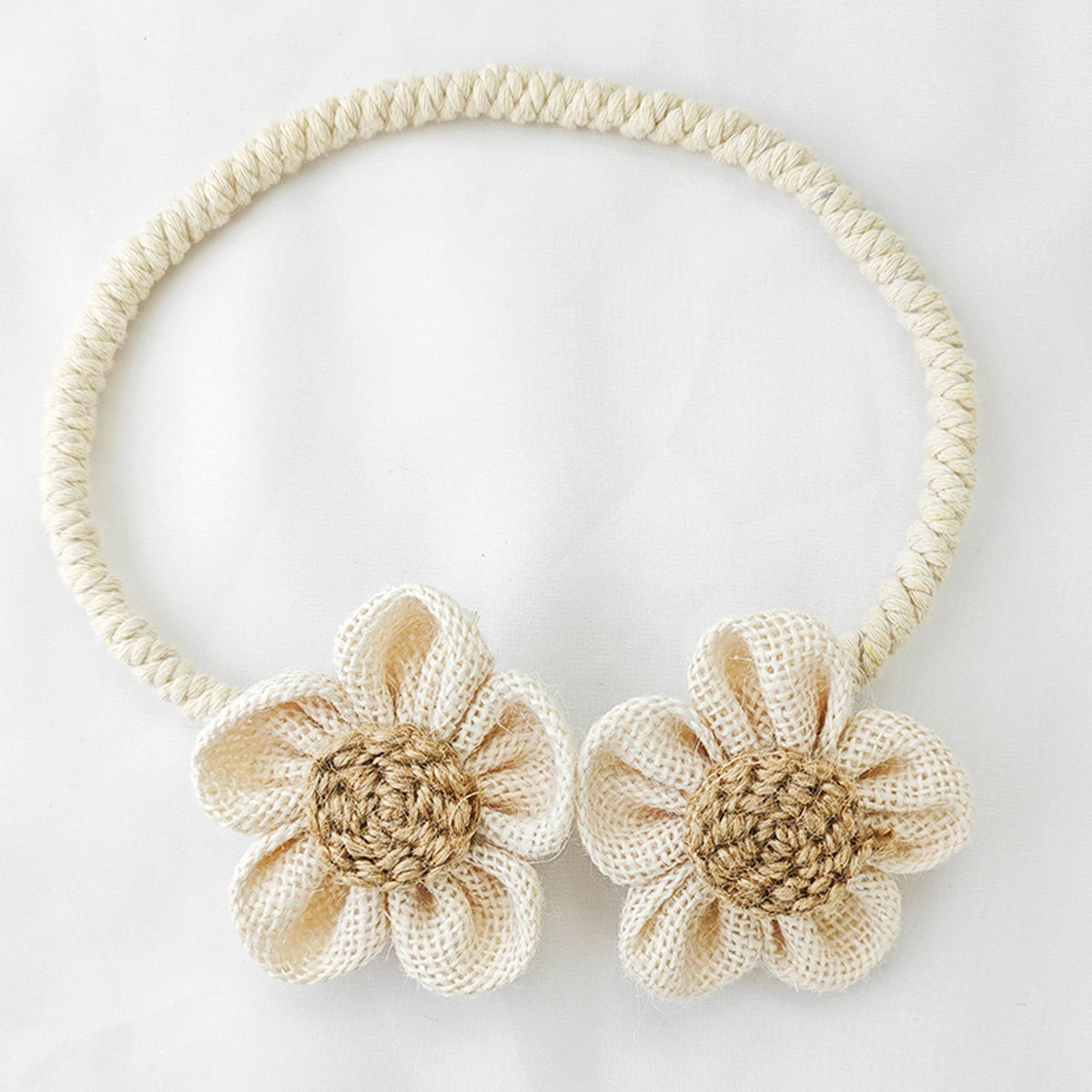 Beige Rustic Flower Curtain Tiebacks Set of 2, Handcrafted Fabric Daisy Curtain Holdbacks, No Drill Flexible Curtain Rope Buckles, Farmhouse Curtain Accessories for Sheer and Blackout Curtains
