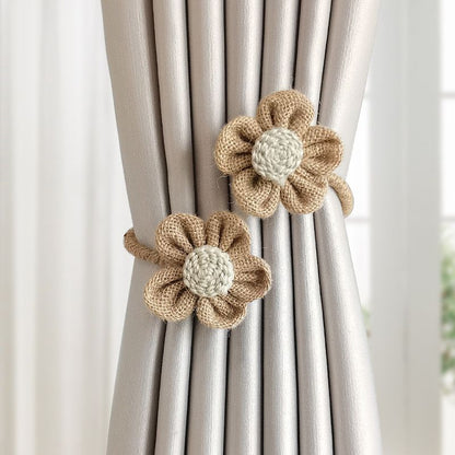 Brown Rustic Flower Curtain Tiebacks Set of 2, Handcrafted Fabric Daisy Curtain Holdbacks, No Drill Flexible Curtain Rope Buckles, Farmhouse Curtain Accessories for Sheer and Blackout Curtains