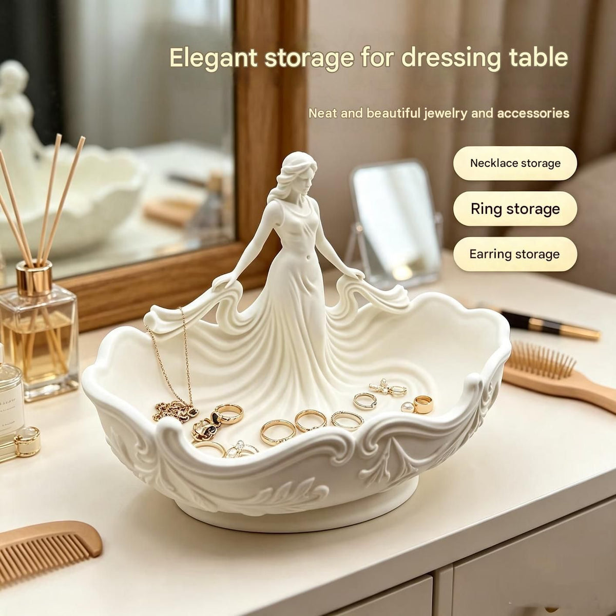 White 18*9*11cm Elegant Lady Dress Shaped Jewelry Tray - Creative Storage Organizer for Rings Necklaces Earrings, Decorative Vanity Tabletop Display Bowl for Bedroom Dresser Entryway