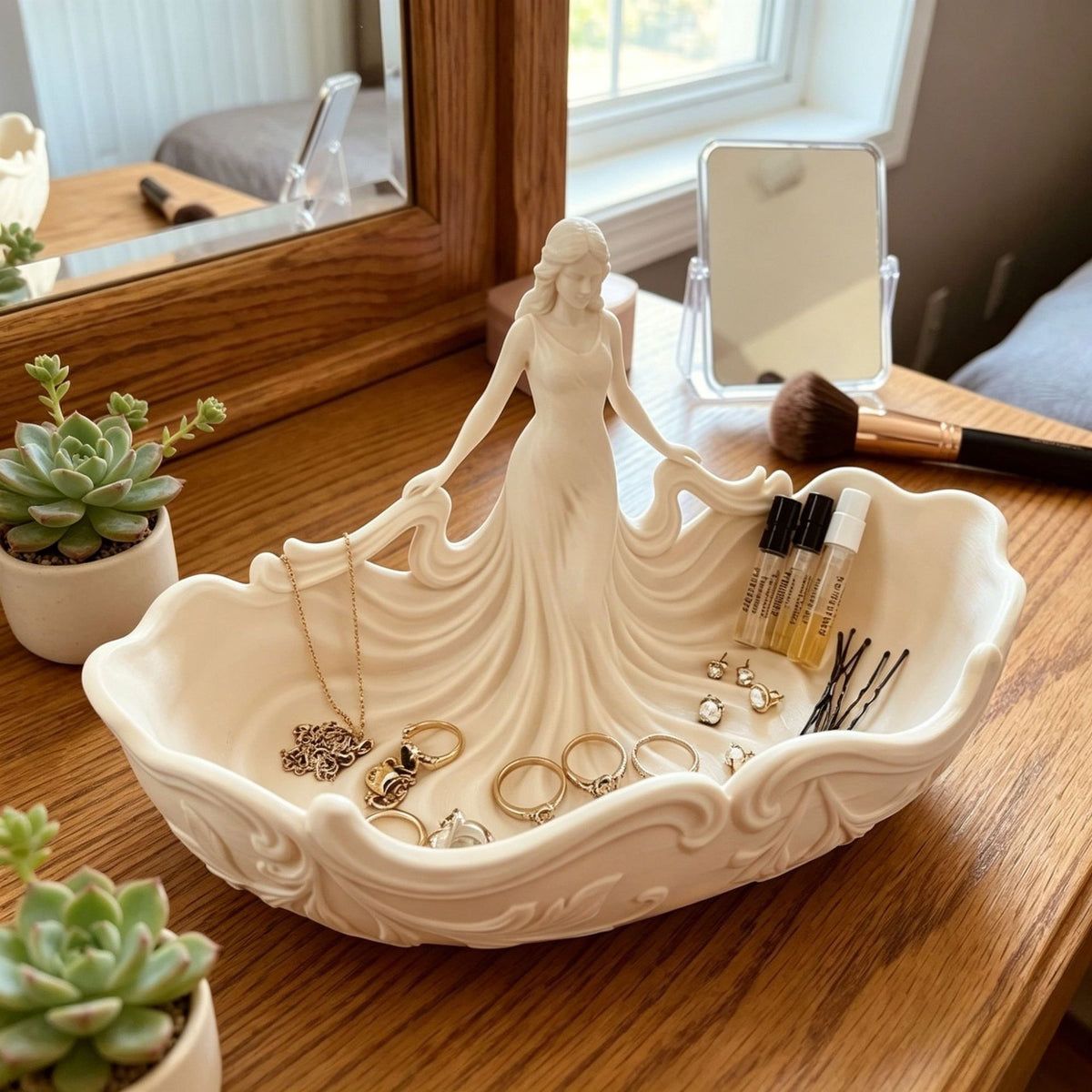White 18*9*11cm Elegant Lady Dress Shaped Jewelry Tray - Creative Storage Organizer for Rings Necklaces Earrings, Decorative Vanity Tabletop Display Bowl for Bedroom Dresser Entryway