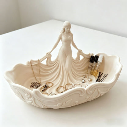 White 18*9*11cm Elegant Lady Dress Shaped Jewelry Tray - Creative Storage Organizer for Rings Necklaces Earrings, Decorative Vanity Tabletop Display Bowl for Bedroom Dresser Entryway