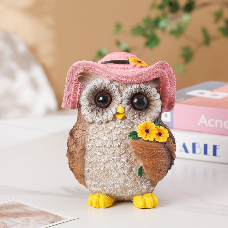 Pink Decorative Owl Figurine - Hand-Painted Resin Owl with Hat and Flower Basket, 16cm Ornament for Garden, Balcony, Living Room, Study, Desk and Shelf Decor
