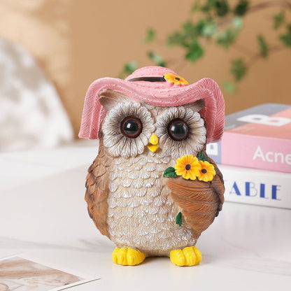 Pink Decorative Owl Figurine - Hand-Painted Resin Owl with Hat and Flower Basket, 16cm Ornament for Garden, Balcony, Living Room, Study, Desk and Shelf Decor