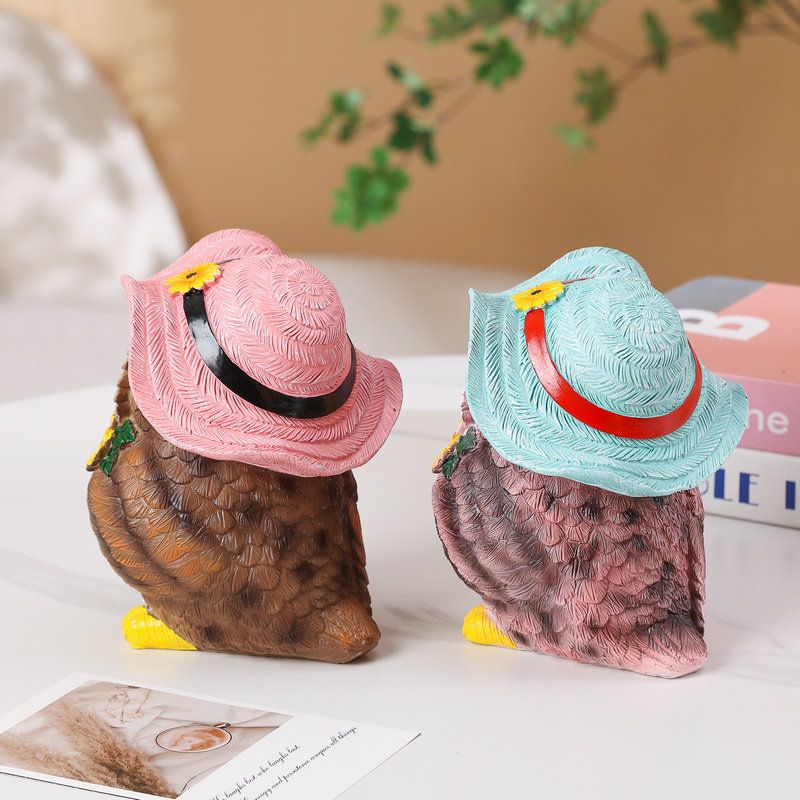 Pink Decorative Owl Figurine - Hand-Painted Resin Owl with Hat and Flower Basket, 16cm Ornament for Garden, Balcony, Living Room, Study, Desk and Shelf Decor