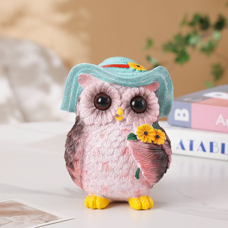 Blue Decorative Owl Figurine - Hand-Painted Resin Owl with Hat and Flower Basket, 16cm Ornament for Garden, Balcony, Living Room, Study, Desk and Shelf Decor