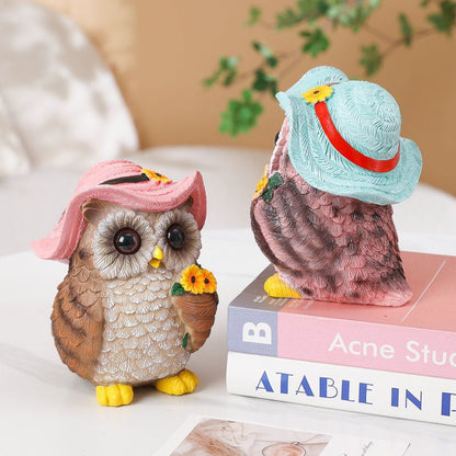 Blue Decorative Owl Figurine - Hand-Painted Resin Owl with Hat and Flower Basket, 16cm Ornament for Garden, Balcony, Living Room, Study, Desk and Shelf Decor
