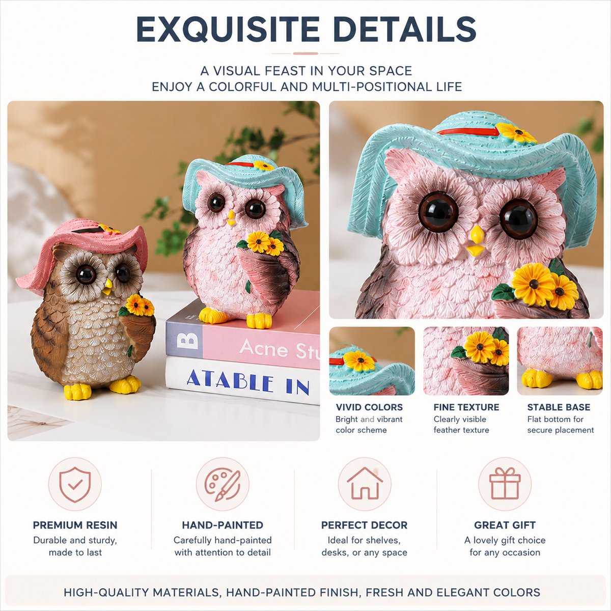 Blue Decorative Owl Figurine - Hand-Painted Resin Owl with Hat and Flower Basket, 16cm Ornament for Garden, Balcony, Living Room, Study, Desk and Shelf Decor