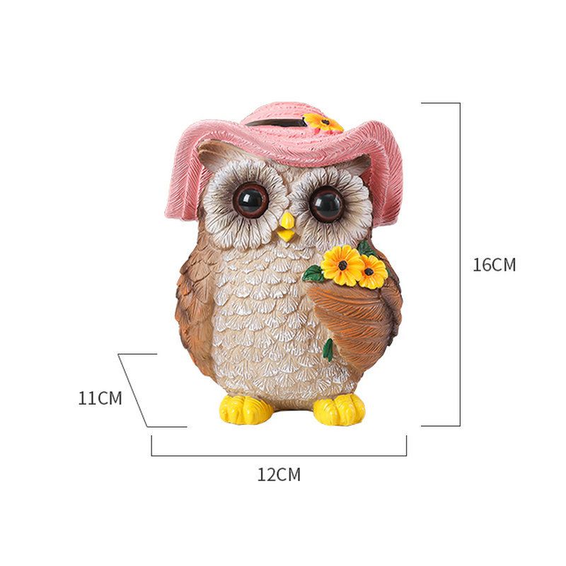 Blue Decorative Owl Figurine - Hand-Painted Resin Owl with Hat and Flower Basket, 16cm Ornament for Garden, Balcony, Living Room, Study, Desk and Shelf Decor