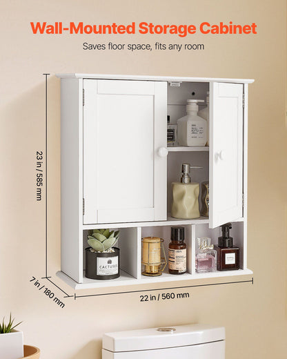 Bathroom Wall Cabinet, 2 Doors & Adjustable Shelf, Over the Toilet Storage Medicine Cabinet Wall Mounted, Hanging Organizer with Shelves & Open Partition for Laundry Room Kitchen Restroom, White
