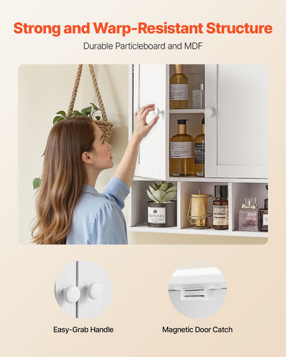 Bathroom Wall Cabinet, 2 Doors & Adjustable Shelf, Over the Toilet Storage Medicine Cabinet Wall Mounted, Hanging Organizer with Shelves & Open Partition for Laundry Room Kitchen Restroom, White