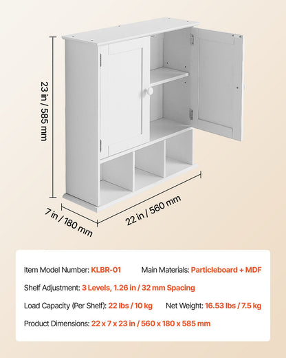 Bathroom Wall Cabinet, 2 Doors & Adjustable Shelf, Over the Toilet Storage Medicine Cabinet Wall Mounted, Hanging Organizer with Shelves & Open Partition for Laundry Room Kitchen Restroom, White