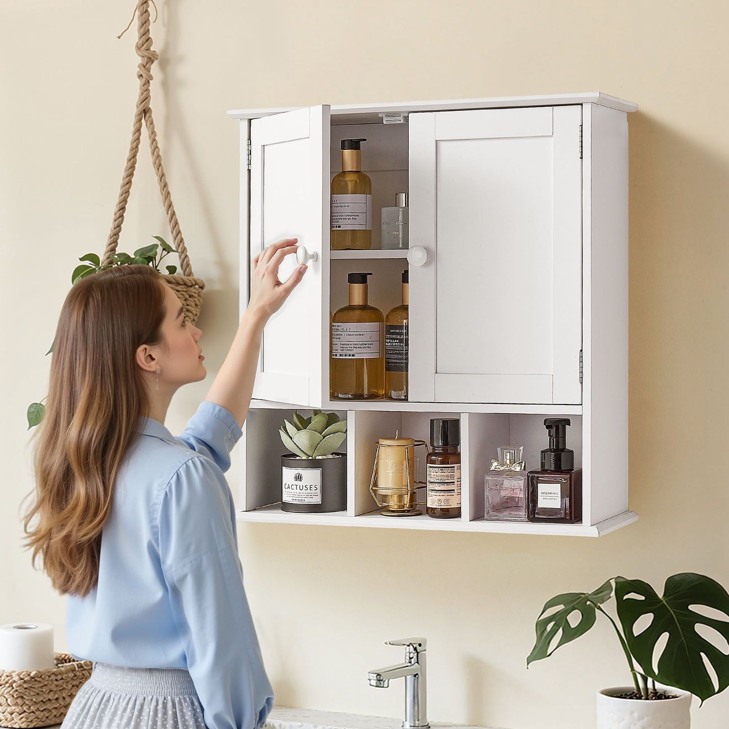 Bathroom Wall Cabinet, 2 Doors & Adjustable Shelf, Over the Toilet Storage Medicine Cabinet Wall Mounted, Hanging Organizer with Shelves & Open Partition for Laundry Room Kitchen Restroom, White