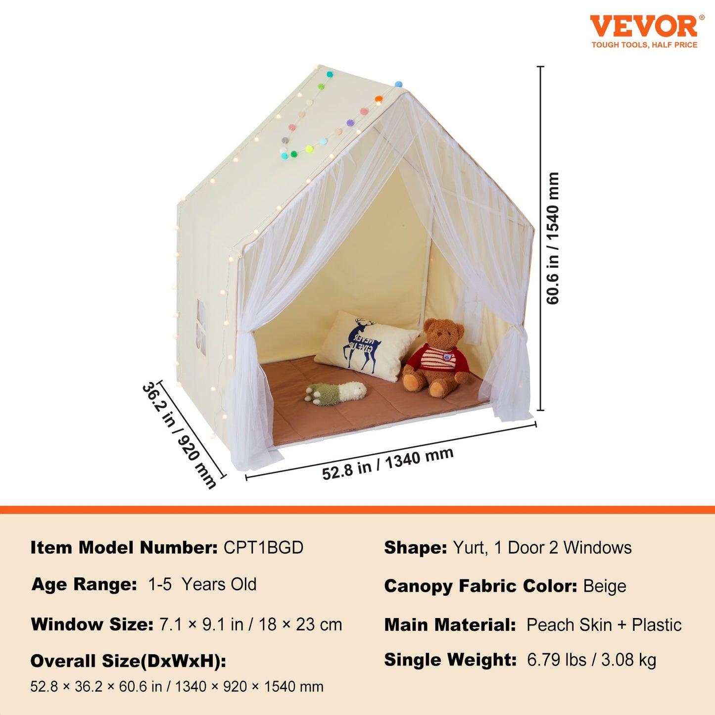 Kids Play Tent, Kids Tent for Kids 1-5 Years Old, Toddler Tent with Mat and Tent Lamp, Tent for Kids with Windows for Indoor and Outdoor, Yurt Tent for Boys and Girls, Beige
