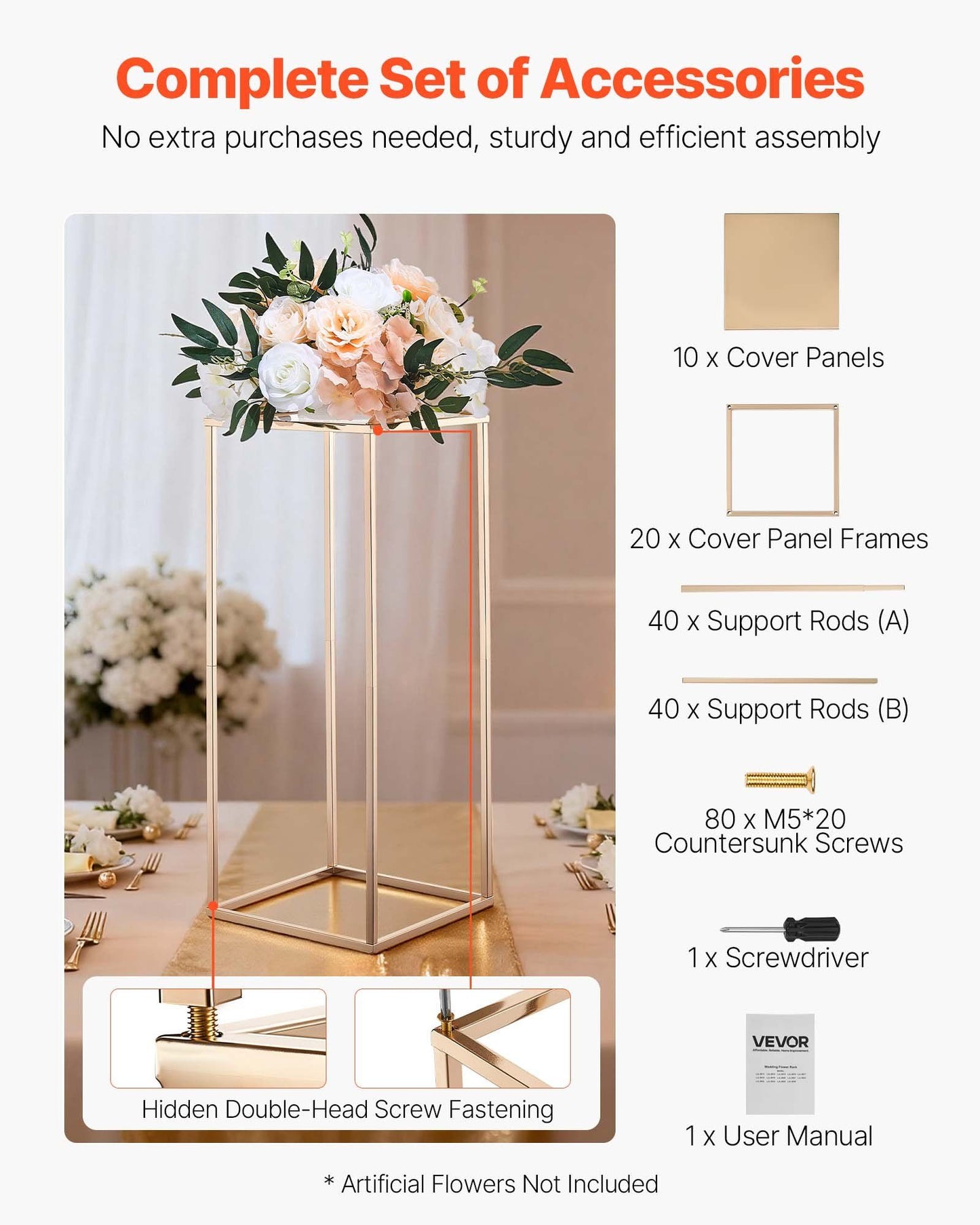 Wedding Flower Stand, 10PCS 60cm Column Flower Stand, Floral Stands with Metal Laminate, Gold Rectangular Floral Display Rack for Wedding, Party, Birthday, Home,  Gold Centerpiece Stands
