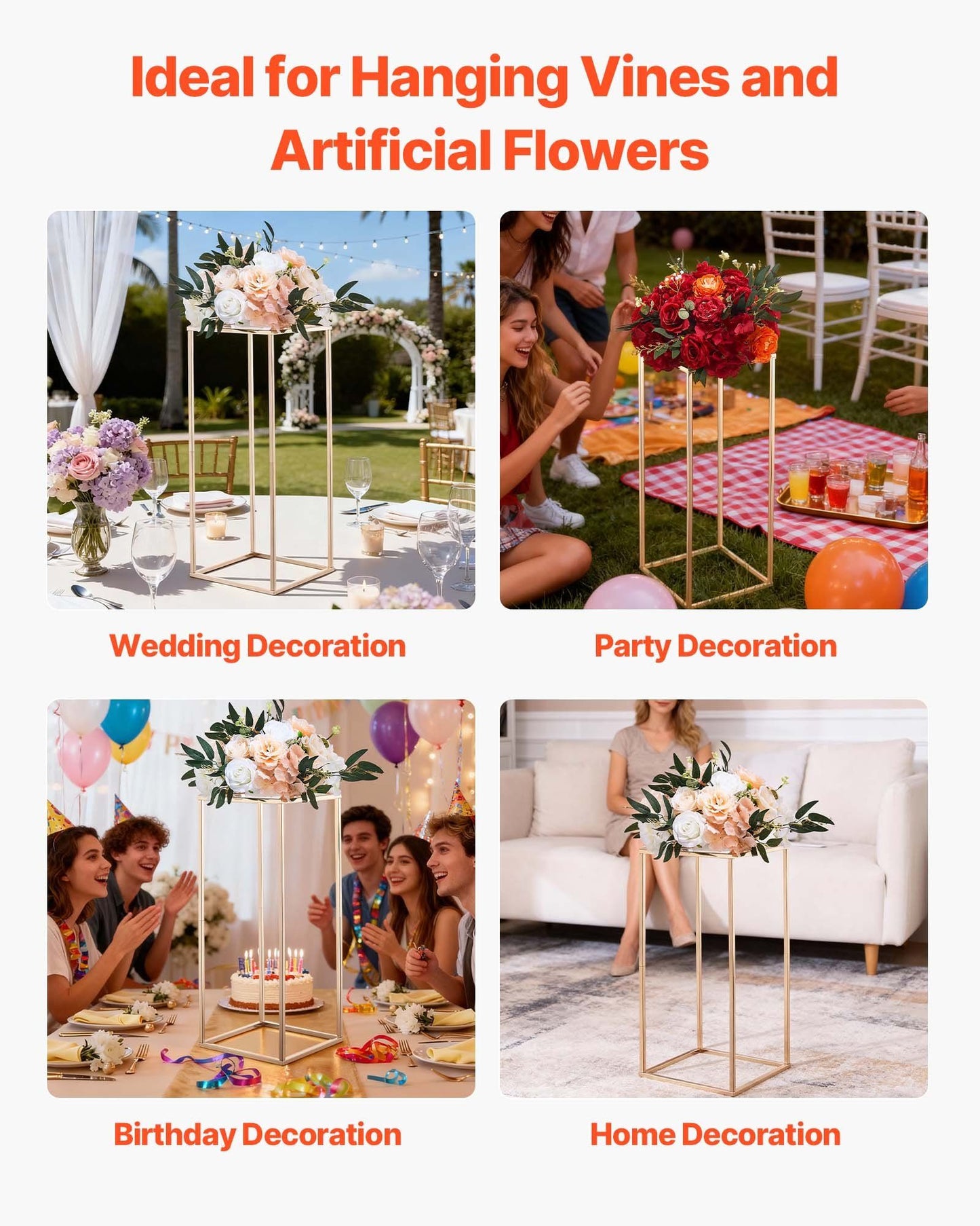 Wedding Flower Stand, 10PCS 60cm Column Flower Stand, Floral Stands with Metal Laminate, Gold Rectangular Floral Display Rack for Wedding, Party, Birthday, Home,  Gold Centerpiece Stands