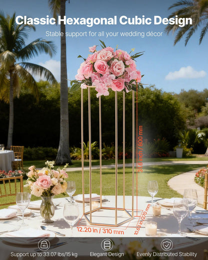 Wedding Flower Stand, 10PCS 80cm Column Flower Stand, Floral Stands with Acrylic Laminate, Hexagonal Cubic Floral Display Rack for Wedding, Party, Birthday, Home, Gold Centerpiece Stands