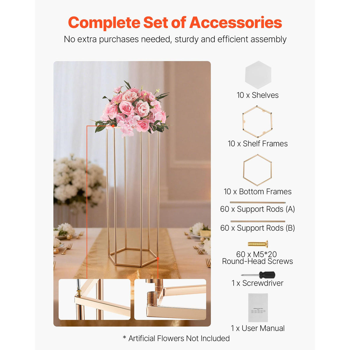 Wedding Flower Stand, 10PCS 80cm Column Flower Stand, Floral Stands with Acrylic Laminate, Hexagonal Cubic Floral Display Rack for Wedding, Party, Birthday, Home, Gold Centerpiece Stands
