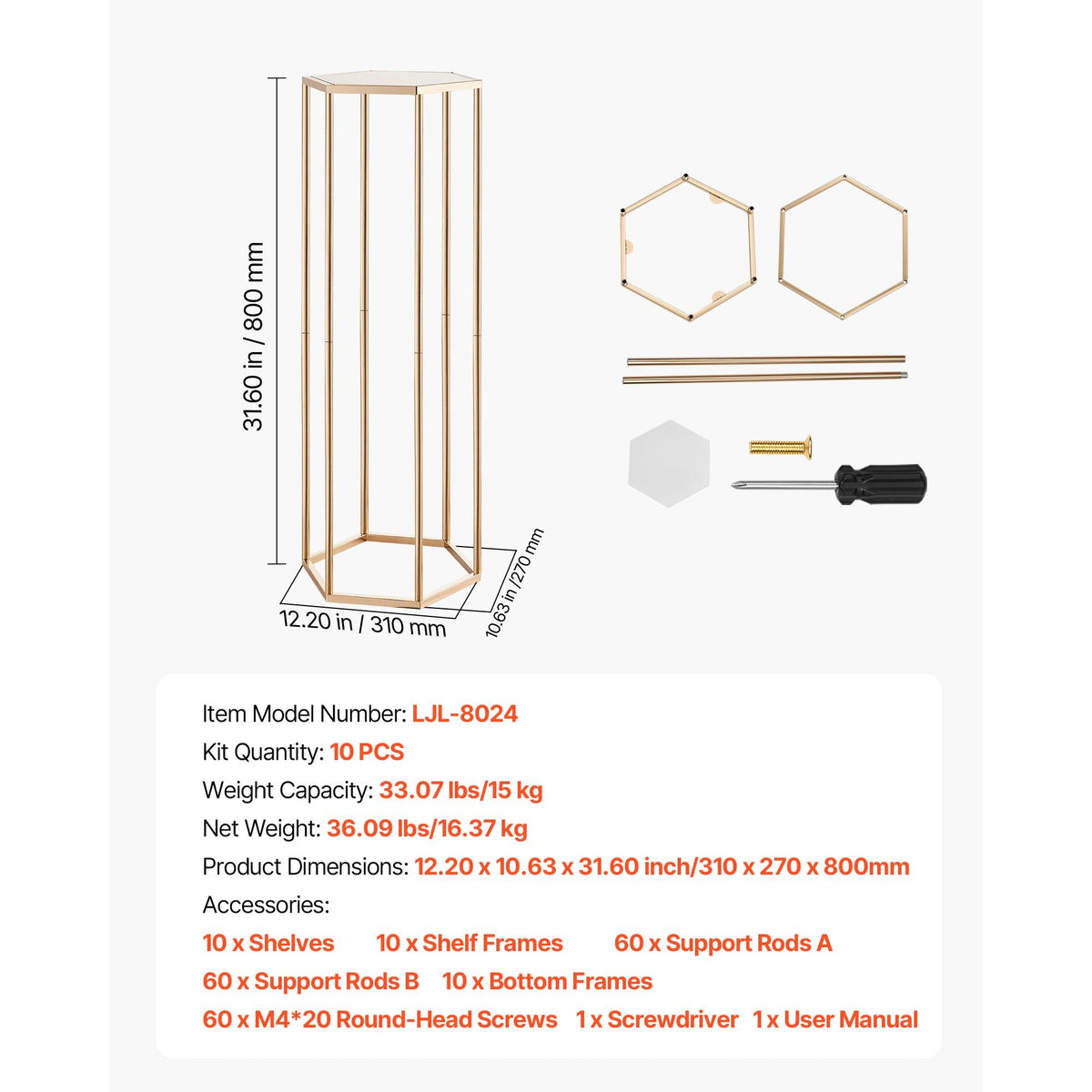Wedding Flower Stand, 10PCS 80cm Column Flower Stand, Floral Stands with Acrylic Laminate, Hexagonal Cubic Floral Display Rack for Wedding, Party, Birthday, Home, Gold Centerpiece Stands