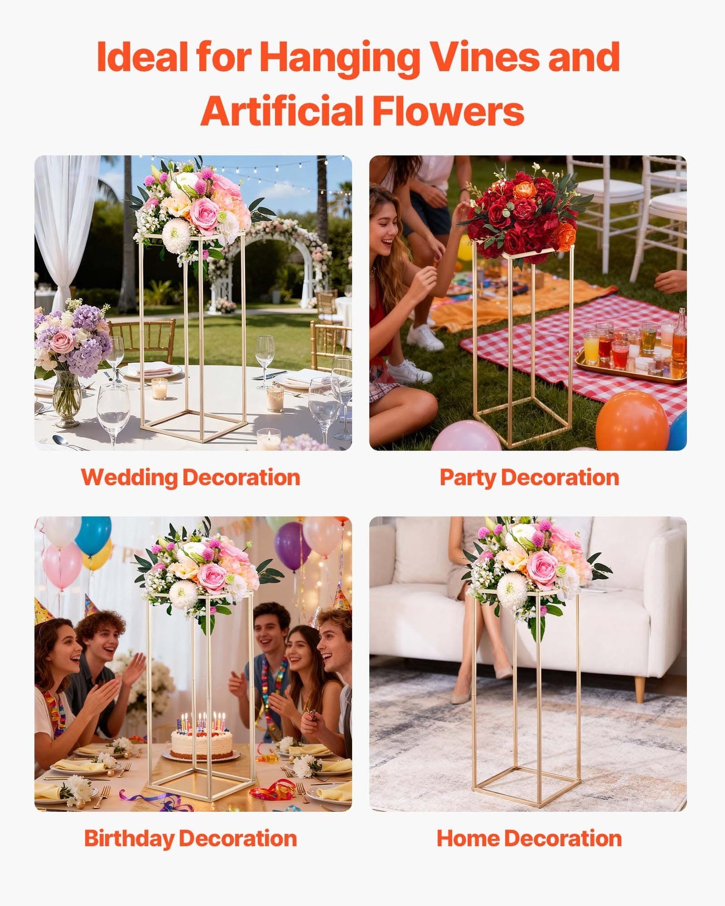 Wedding Flower Stand, 10PCS 80cm Column Flower Stand, Floral Stands with Hidden Screw, Rectangular Cubic Floral Display Rack for Wedding, Party, Birthday, Home, Gold Centerpiece Stands