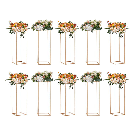 10PCS 31.5inch/80cm High Wedding Flower Stand, With Acrylic Laminate,Metal Vase Column Geometric Centerpiece Stands, Gold Rectangular Floral Display Rack for Events Reception, Party Decoration