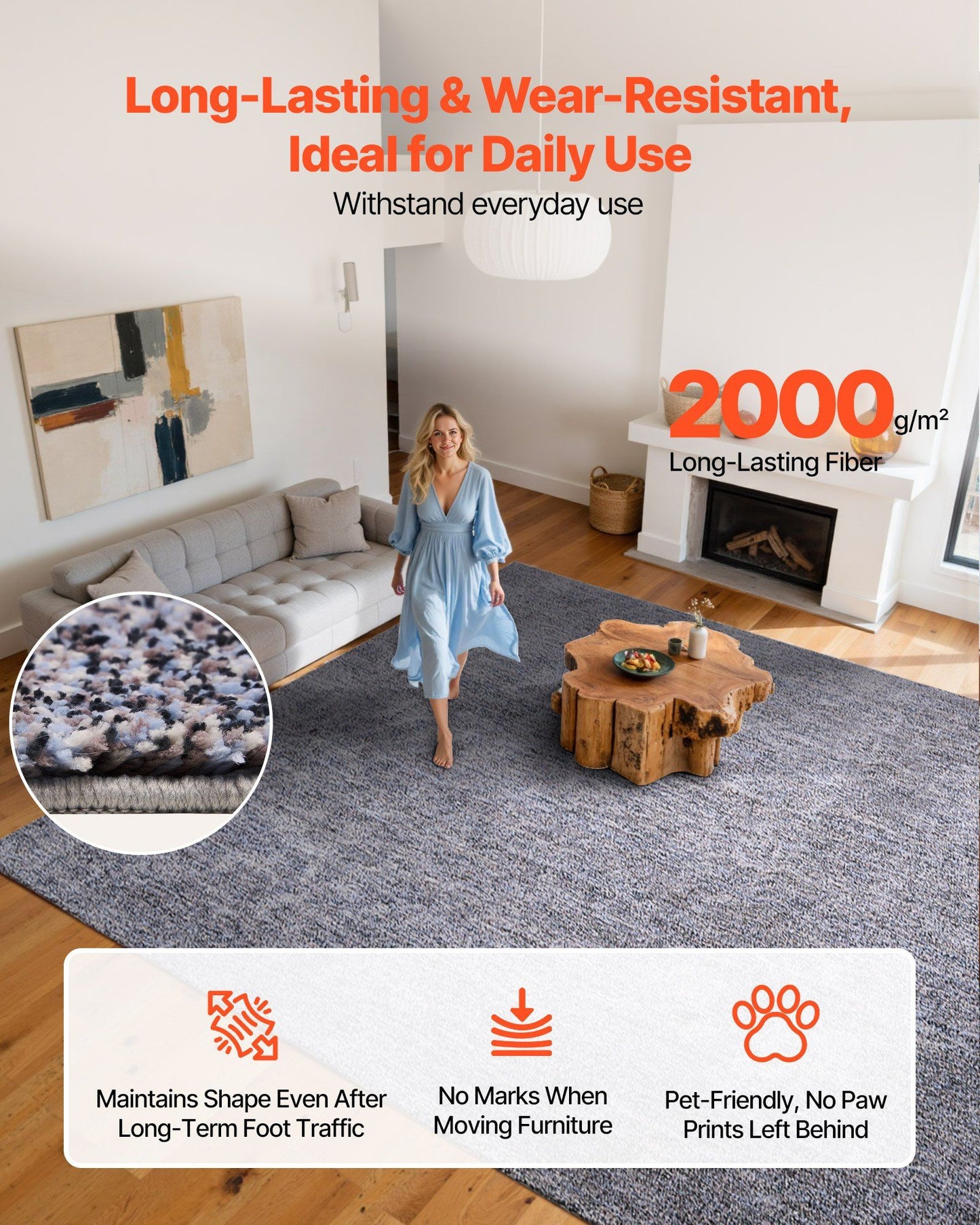 Indoor Plush Area Rugs, 2.74 x 3.66 m Plush Carpet, Area Rugs Furry with Long Plushs Pile, Thick & Durable High-Pile Rug for High-Traffic Areas, Non-Shedding & Non-Slip Backing, Blue-Gray