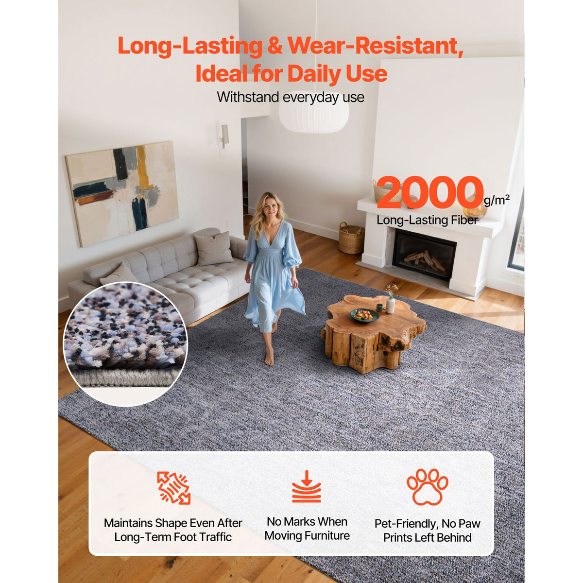 Indoor Plush Area Rugs, 2.74 x 3.66 m Plush Carpet, Area Rugs Furry with Long Plushs Pile, Thick & Durable High-Pile Rug for High-Traffic Areas, Non-Shedding & Non-Slip Backing, Blue-Gray
