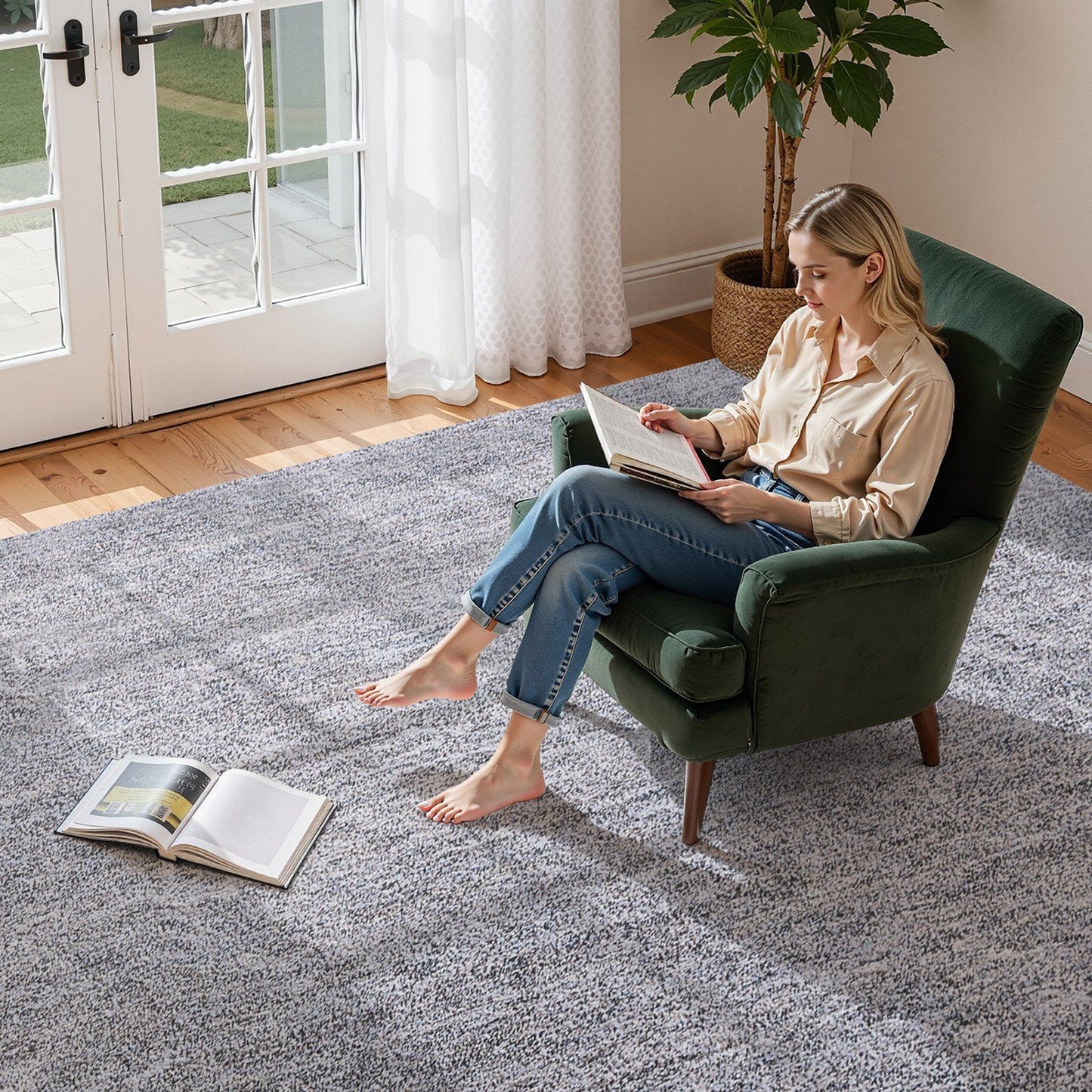 Indoor Plush Area Rugs, 2.74 x 3.66 m Plush Carpet, Area Rugs Furry with Long Plushs Pile, Thick & Durable High-Pile Rug for High-Traffic Areas, Non-Shedding & Non-Slip Backing, Blue-Gray