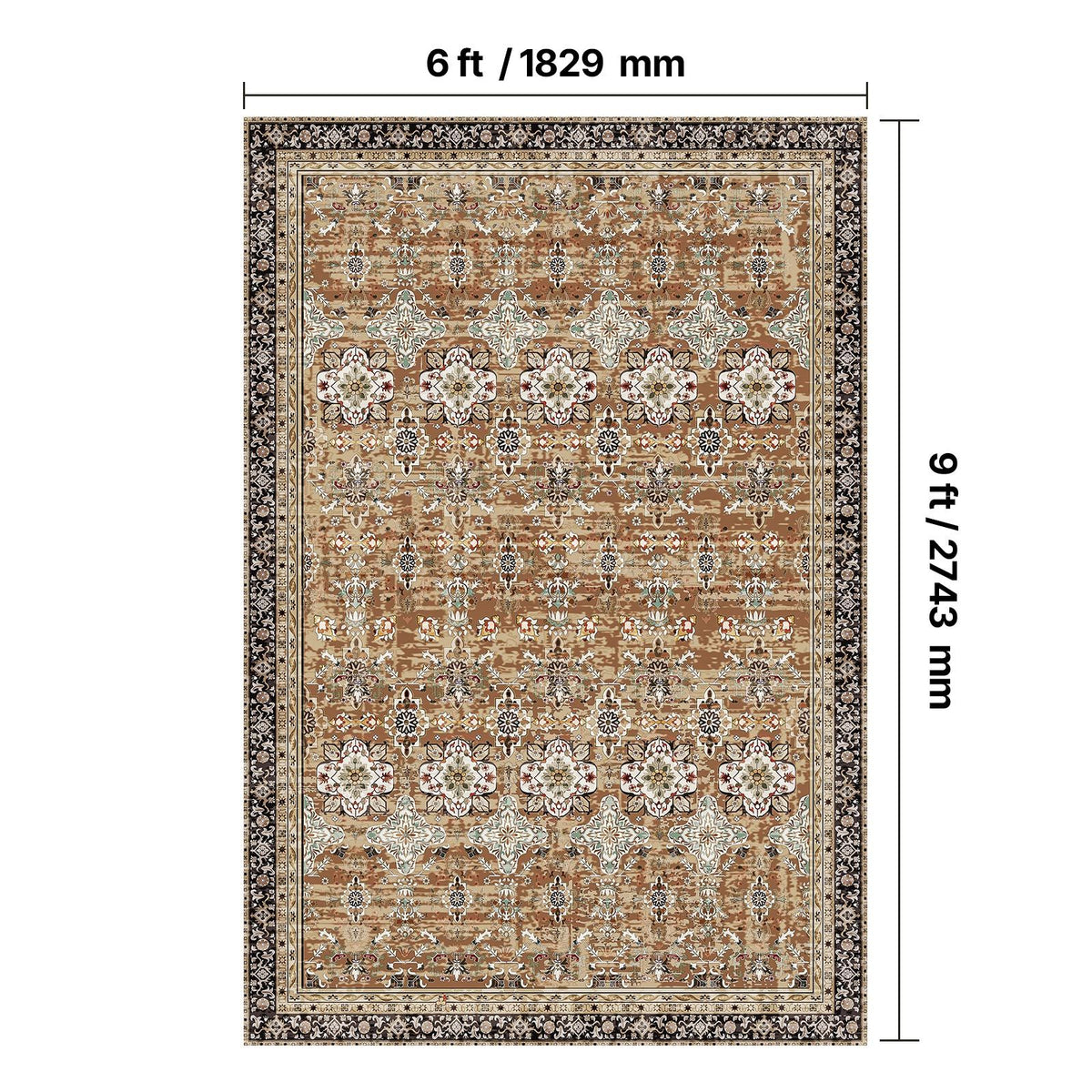 Area Rug, 1828.8x2743.2mm Large Washable Rug, Non-Slip Tear-Resistant Soft Carpet, Pet & Child Friendly Vintage Area Rugs, Indoor Mat for Bedroom, Living Room, Kids Room, Entryway, Brown Green