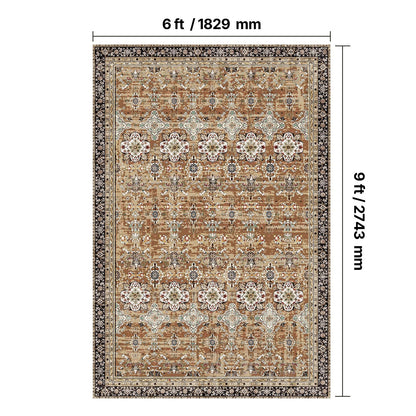 Area Rug, 1828.8x2743.2mm Large Washable Rug, Non-Slip Tear-Resistant Soft Carpet, Pet & Child Friendly Vintage Area Rugs, Indoor Mat for Bedroom, Living Room, Kids Room, Entryway, Brown Green