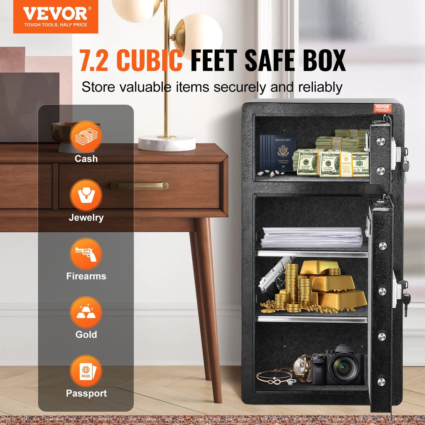 Double Doors 7.2 cu.ft Safe Box with Key Lock & Password, Safe Lock Box with Fireproof Bag, Key Rack, LED Light and 2 Height Adjustable and Removable Divider for Money, Documents, Jewelry and Valuables, Black