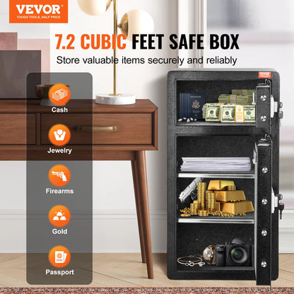 Double Doors 7.2 cu.ft Safe Box with Key Lock & Password, Safe Lock Box with Fireproof Bag, Key Rack, LED Light and 2 Height Adjustable and Removable Divider for Money, Documents, Jewelry and Valuables, Black