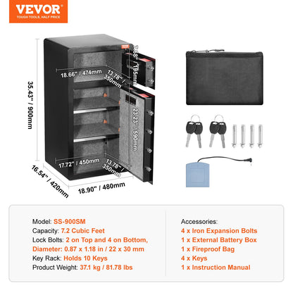 Double Doors 7.2 cu.ft Safe Box with Key Lock & Password, Safe Lock Box with Fireproof Bag, Key Rack, LED Light and 2 Height Adjustable and Removable Divider for Money, Documents, Jewelry and Valuables, Black