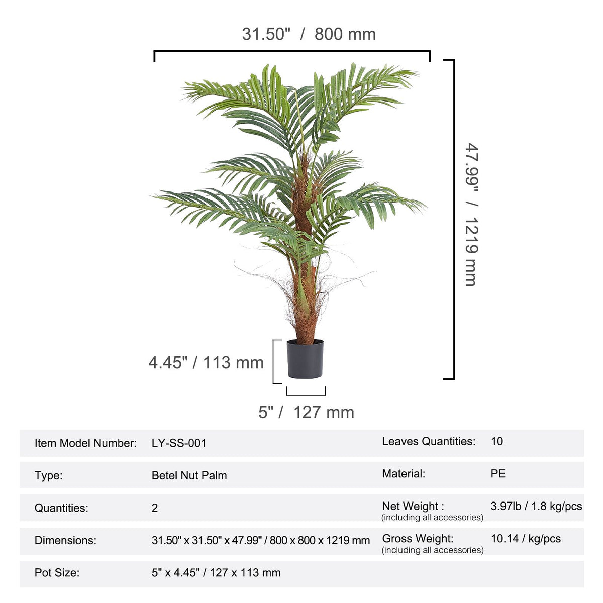 Artificial Palm Tree, 1219mm Tall Faux Plant, Secure PE Material & Anti-Tip Tilt Protection Low-Maintenance Plant, Lifelike Green Fake Tree for Home Office Warehouse Decor Indoor Outdoor