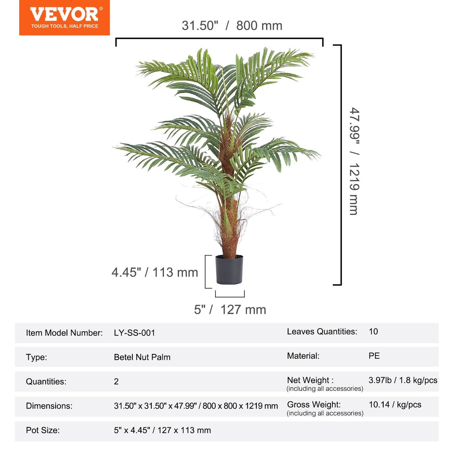 Artificial Palm Tree, 1219mm Tall Faux Plant, Secure PE Material & Anti-Tip Tilt Protection Low-Maintenance Plant, Lifelike Green Fake Tree for Home Office Warehouse Decor Indoor Outdoor