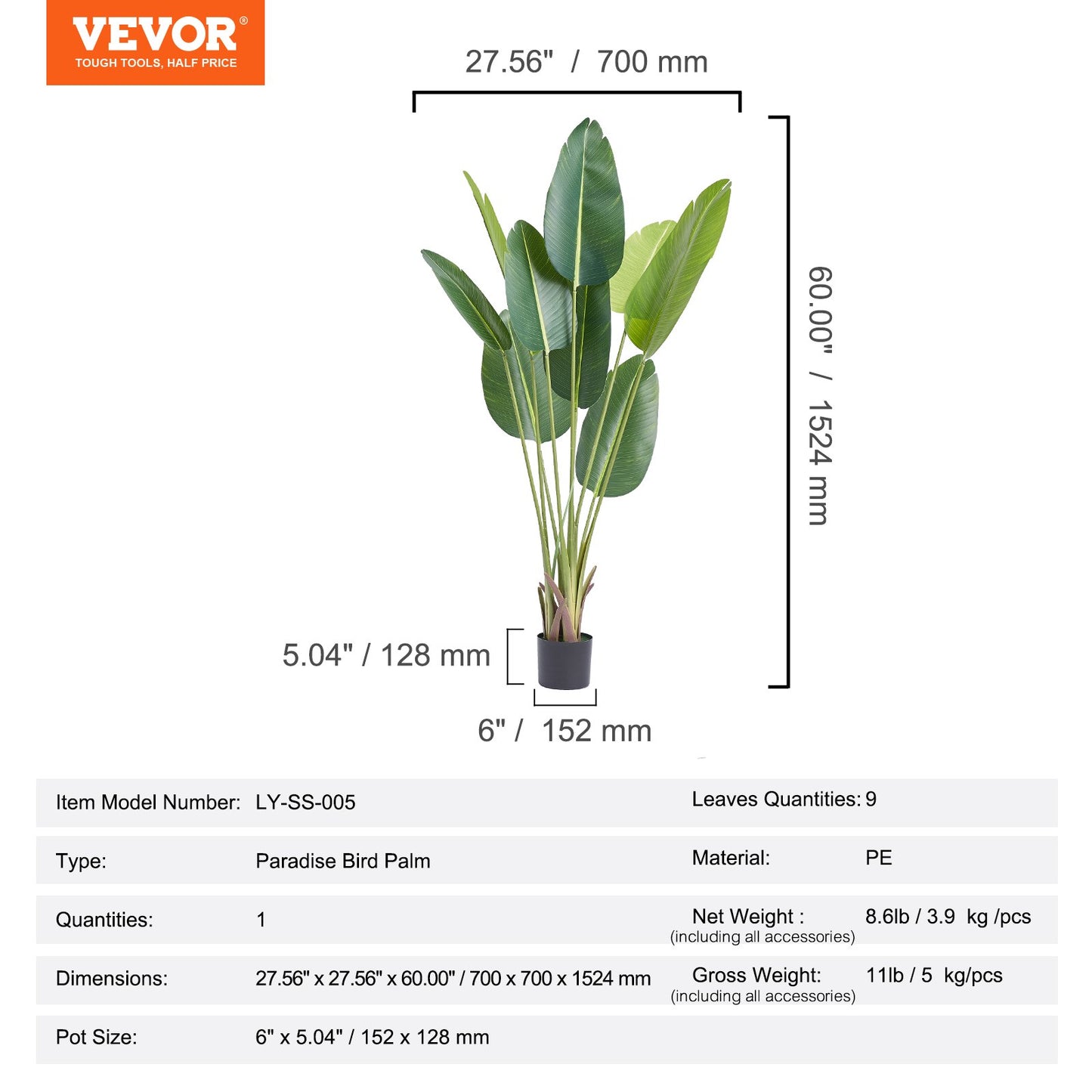 Artificial Birds Of Paradise Tree, 1.5m Tall Faux Plant, PE Material & Anti-Tip Tilt Protection Low-Maintenance Plant, Lifelike Green Fake Tree for Home Office Warehouse Decor Indoor Outdoor