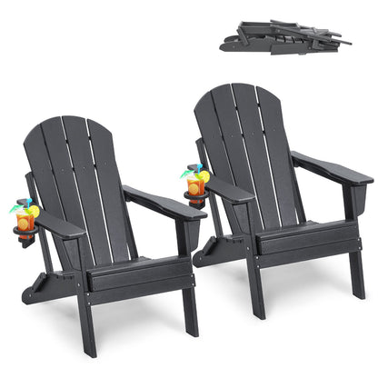 Adirondack Chair Plastic, Set of 2 All-Weather Portable Folding Fire Pit Chair, Outdoor Adirondack Patio Chair with Cup Holder, with Relaxing Arm Rest Ergonomic, for Garden, Backyard - Gray