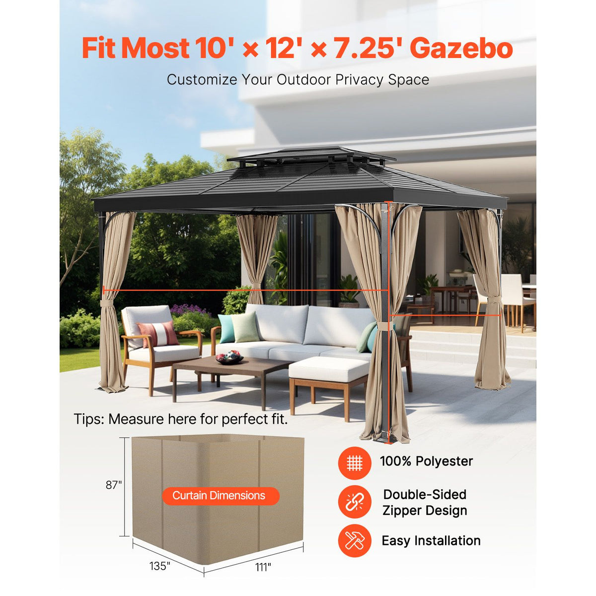 VEVOR Gazebo Curtains Outdoor, 12' x 10' x 7.3' Gazebos, 4-Panel Sidewall Gazebo Privacy Curtains with Zippers, Outdoor Curtain Replacement for Patio Canopy, Only Curtain, Khaki