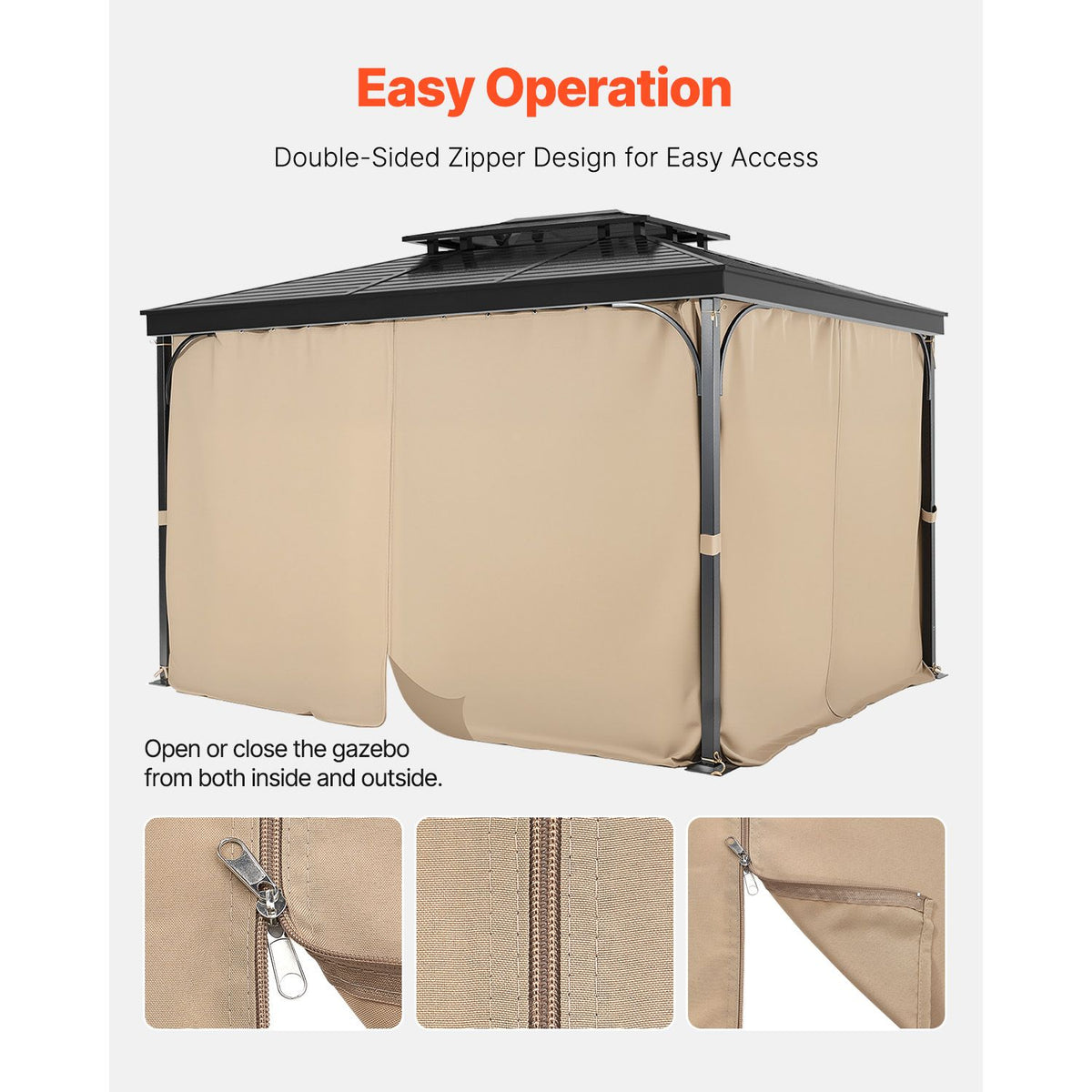 VEVOR Gazebo Curtains Outdoor, 12' x 10' x 7.3' Gazebos, 4-Panel Sidewall Gazebo Privacy Curtains with Zippers, Outdoor Curtain Replacement for Patio Canopy, Only Curtain, Khaki