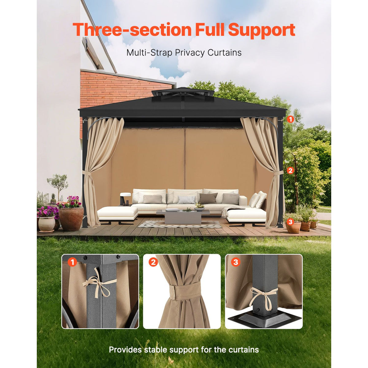 VEVOR Gazebo Curtains Outdoor, 12' x 10' x 7.3' Gazebos, 4-Panel Sidewall Gazebo Privacy Curtains with Zippers, Outdoor Curtain Replacement for Patio Canopy, Only Curtain, Khaki