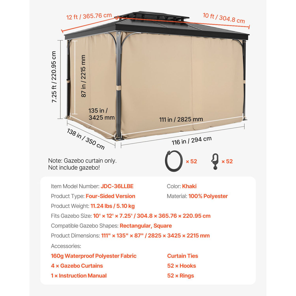 VEVOR Gazebo Curtains Outdoor, 12' x 10' x 7.3' Gazebos, 4-Panel Sidewall Gazebo Privacy Curtains with Zippers, Outdoor Curtain Replacement for Patio Canopy, Only Curtain, Khaki