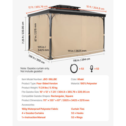 VEVOR Gazebo Curtains Outdoor, 12' x 10' x 7.3' Gazebos, 4-Panel Sidewall Gazebo Privacy Curtains with Zippers, Outdoor Curtain Replacement for Patio Canopy, Only Curtain, Khaki