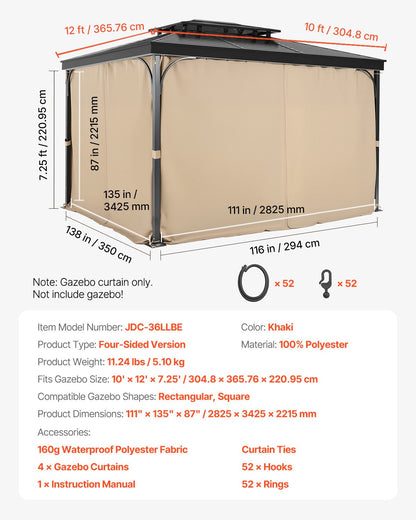 VEVOR Gazebo Curtains Outdoor, 12' x 10' x 7.3' Gazebos, 4-Panel Sidewall Gazebo Privacy Curtains with Zippers, Outdoor Curtain Replacement for Patio Canopy, Only Curtain, Khaki