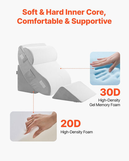Wedge Pillow for Sleeping, 4 Pcs Adjustable Orthopedic Bed Wedge Set, Support Leg Neck Shoulder, Post Surgery Pillow for Back Pain, Acid Reflux, Snoring Relief, Sitting up in Bed, White/Grey