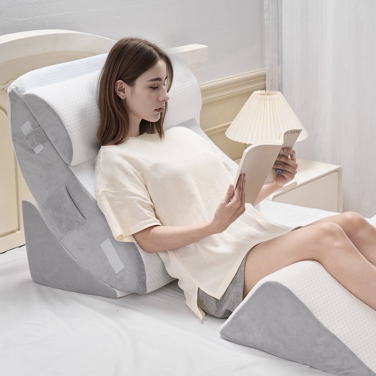 Wedge Pillow for Sleeping, 4 Pcs Adjustable Orthopedic Bed Wedge Set, Support Leg Neck Shoulder, Post Surgery Pillow for Back Pain, Acid Reflux, Snoring Relief, Sitting up in Bed, White/Grey